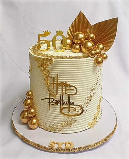 Ivory and Gold Happy Birthday Cake
